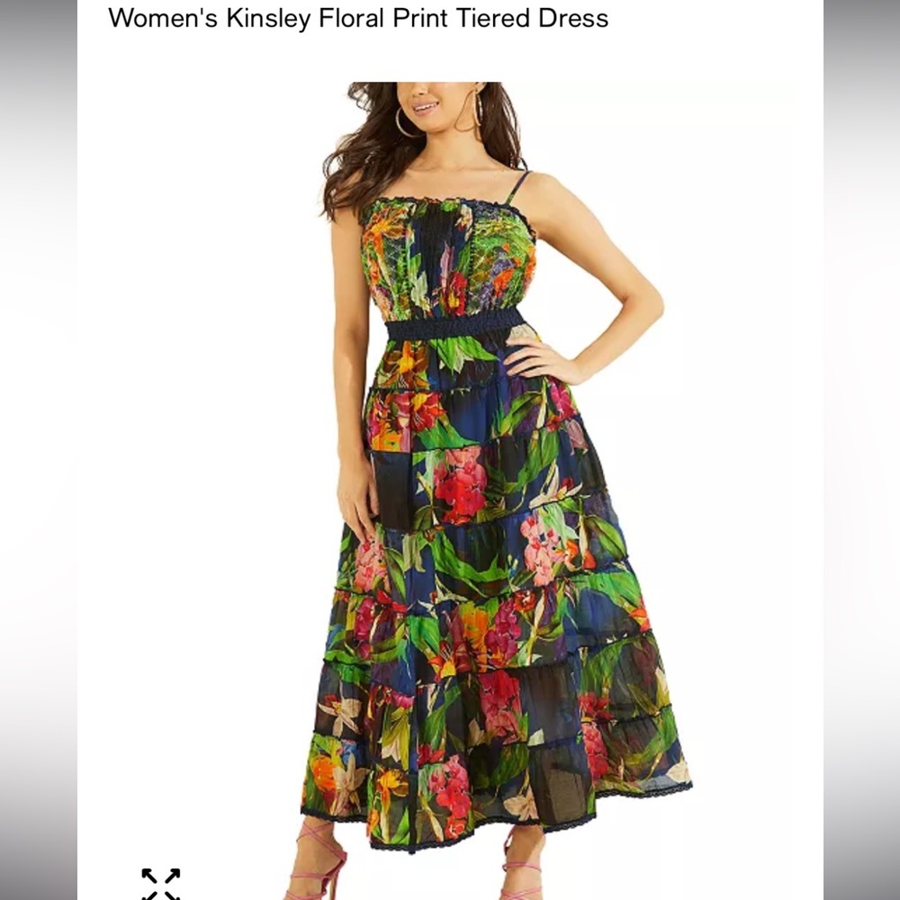 Guess Floral Print Kinsley Tiered Cotton Silk Boho Cottagecore Maxi Dress Size L - Picture 2 of 12